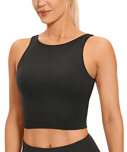 CRZ YOGA Damen Butterluxe Longline Sport BH Gepolstert Ohne Bügel Crop Top High Neck U Rücken Workout Tanktops Schwarz 40