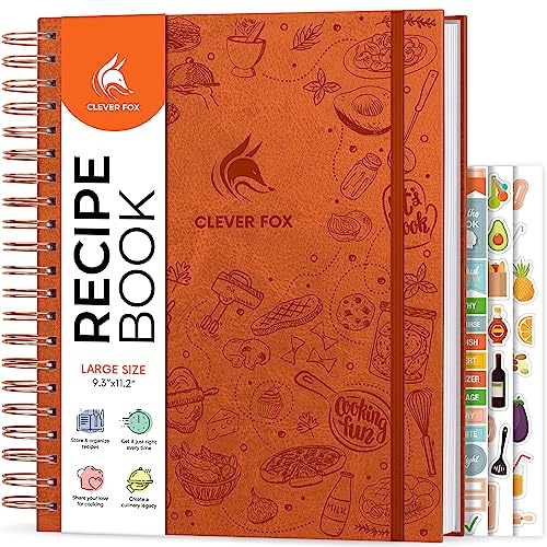 Clever Fox Recipe Book, Blank Spiral Cookbook Journal, Large Orange | 21 x 28cm empty recipe book to write in your own recipes, eco-leather hardcover, 120 gsm paper, stickers, cooking & baking