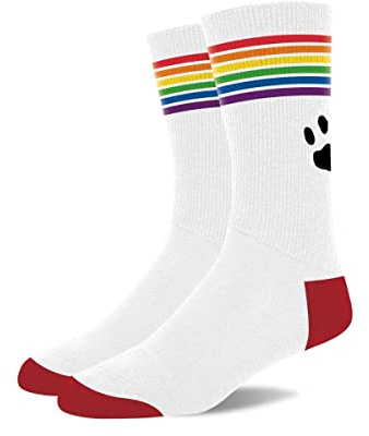 Prowler Pride Socks – White Crew Socks with Rainbow Band & Paw Logo | Comfortable Cotton Blend, Moisture-Wicking, One Size UK 6–11
