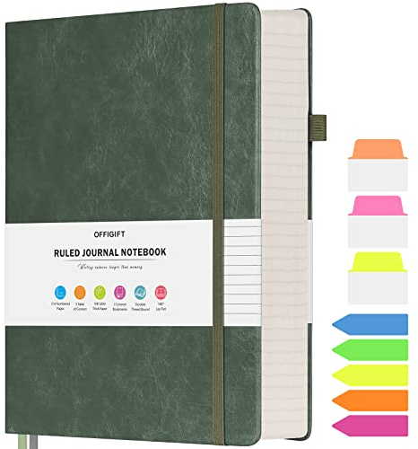 Quaderno a righe, Grande quaderno rigido in pelle A5, Quaderno da lavoro con 312 pagine numerate, Carta da 100gsm senza sbavature, Quaderno a righe per donne, uomini, scuola e ufficio, Verde