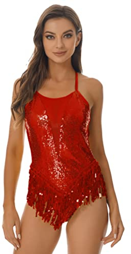 Aislor Ballettbody Damen Tanzbody Glitzer Ballettkleid Ärmellos mit Pailletten Fransen Ballett Trikot Rock Latein Kleid Tanzkostüm Rot S