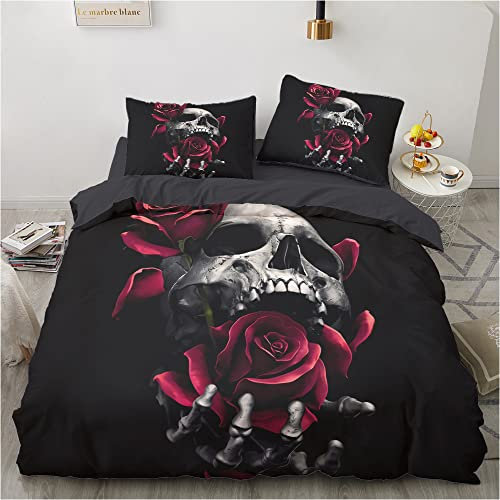 Luowei Totenkopf Bettwäsche 200x220 Gothic Skull Rosen Bettbezug Set Weiche Komfort Microfaser Bettwäsche 3 teilig mit Reißverschluss und 2 Kissenbezüge 80×80 cm