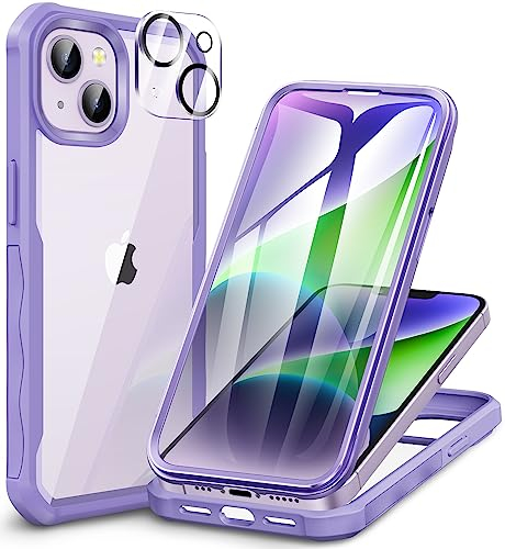 CENHUFO Compatible with iPhone 14 Case Built-in Glass Screen Protector, 360 Full Body Heavy Duty Protective Phone Case for iPhone 14 Case with Camera Lens Protector -Light Purple