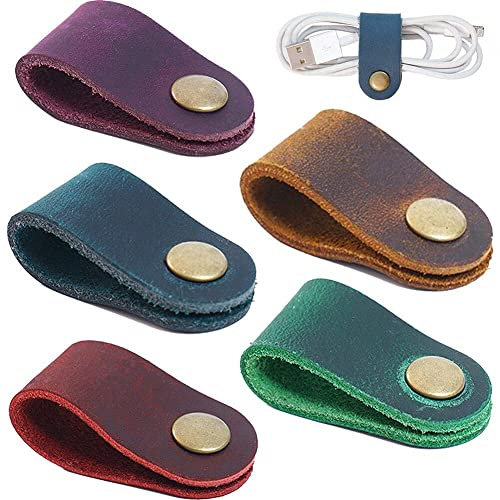 Casiler 5pcs Desk Set Leather Crazy Horse Leather Cowhide Button Wire Clip Organizer Cable Manager Small Tools Desktop Supplies