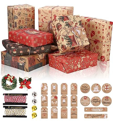 TIDEVAN Wrapping Paper Geschenkpapier 38 Stück Set Inklusive 10 Blatt Kraftpapier 70x50cm,Geschenkanhänger,Roter und Gold Baumwollfade,Glocken,Weihnachtskränze