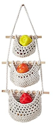 Durratou Panier de fruits mural tressé suspendus pour la cuisine Fruit and Vegetable Basket 3 niveaux de stockage suspendu tissé poche géante B