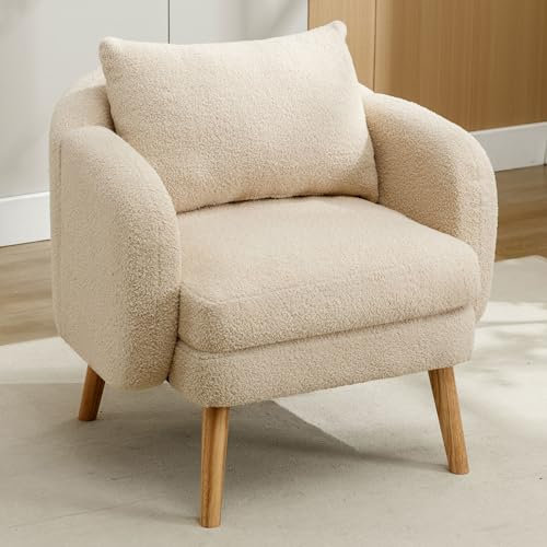 Moderner Sessel, Schlichter Teddy-Samtstuhl, Freizeitsessel, Einzelsessel mit Kissen, Sessel mit extra dickem Kissen, Beine aus Massivholz (Beige)