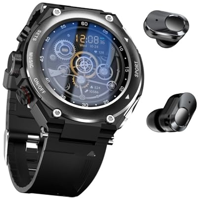 Smart Watch With Earbuds, 3 In 1 Round Fitness Tracker,1.28inch Smartwatch For Men Answer/Make Call Speaker Recording Sleep Monitor Sports Smart Watch Long Time Standby (Color : Black)