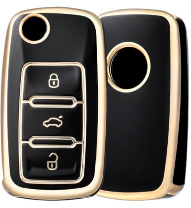 OFF WE GO Autoschlüssel Hülle für VW Polo Schlüsselhülle Cover für Volkswagen Golf 4 5 6 Tiguan Passat Beetle Touran Skoda Seat Ibiza4 Altea Leon Schlüsselcover Schlüssel Schutz Gehäuse, Schwarz Gold