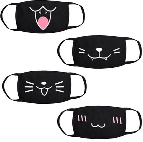 4 Stück Mundschutz Maske Femboy Mask Stoffmaske Mundmaske Baumwollmaske Anime Cartoon Mundschutz Emotionsmaske Schwarz mit Motiv Staubdichte Mode Baumwolle Anti-Staub Wiederverwendbare Waschbar