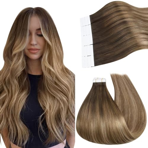 Ugeat Echthaar Extensions Tape Braun Balayage 35cm Glatt Invisible Tape Extensions Echthaar Mittelbraun Ombre Goldbraun Mit Goldblond Skin Weft 40G 20 Stück #4/10/16