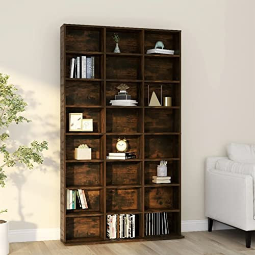 Gecheer Mobile Porta CD e Libreria in Legno Multistrato - Rovere Fumo 102x23x177,5 cm - Scaffale per DVD, Archiviazione - Divisorio a Colonna con Cubi