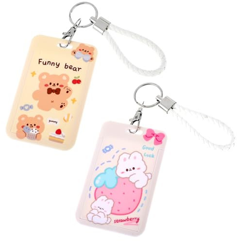 Amabro Lot de 2 Porte Cartes Photo Kpop Joli Ours de Dessin animé Porte Badge d'identification Porte Carte d'identité Porte Carte de crédit Porte Carte de crédit Porte clé Porte clé de