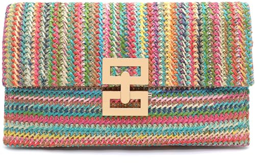 ATQCOL Rattan Clutch Purse for Women,Summer Straw Woven Beach Woven Bag Wicker Raffia Envelope Evening Clutch for Wedding, Multicoloured/a