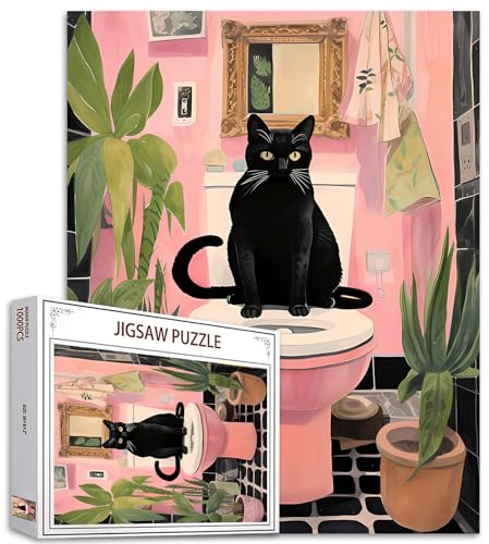 Tucocoo Puzzle mit schwarzer Katze, 1000 Teile für Erwachsene, Toilette, botanische rosa Badezimmer-Kunst-Puzzles für anspruchsvolle Familienaktivitäten, buntes DIY-Bastelpuzzle für Heimdekoration