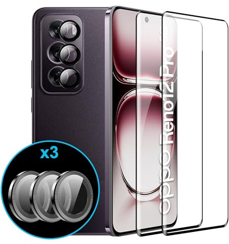 FDHYFGDY 2 Piezas para Oppo Reno 12 Pro 5G Película Protectora de Cristal Templado, 3 Piezas de Película de Vidrio para cámara, Dureza 9H, Protector de Pantalla Resistente a rayones y sin Burbujas