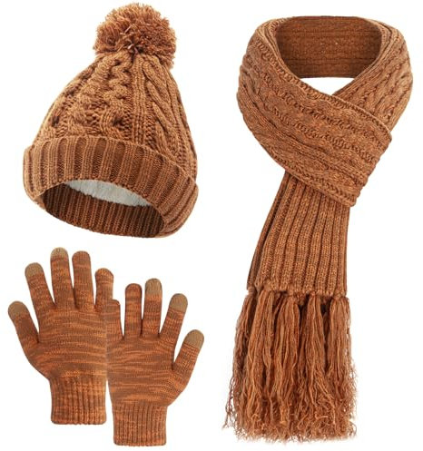 DiaryLook Mütze Schal Winter Handschuhe sets für Damen Strick set Fleece Loop Damen Schals Winterschal Knitted Pom Pom Cap,Camel