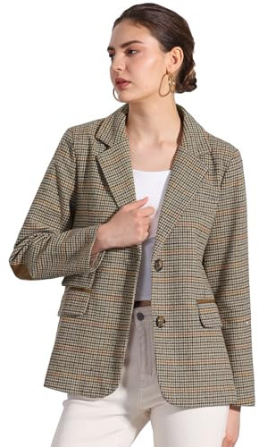 Allegra K Blazer de Bureau Formelle Femme Veste à Carreaux avec Col Rever Cranté et Poches Blazer Business Boutonné Marron M