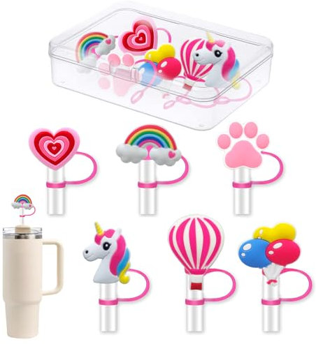 Jatidne 6pcs Straw Cover Cap for Stanley Cup, Pink Reusable Silicone Straw Toppers with Storage Box for Girls Women 10mm