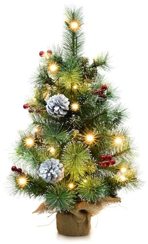 Pre-lit Mini Christmas Trees, Little Christmas Tree with Flocked Pine Needles, Pine Cones, Berries Christmas Decoration, 2 ft Burlap Base Small Trees with 25 Led Lights for Table Top Xmas Decoration