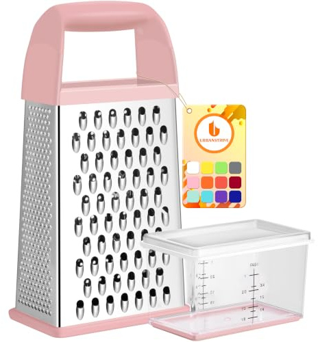 Urbanstrive Cheese Grater with Container, Professional Cheese Grater with Handle, Stainless Steel Graters for Kitchen Handheld, Box Grater with 4 Sides for Vegetables, Ginger, Potatoes, Pink