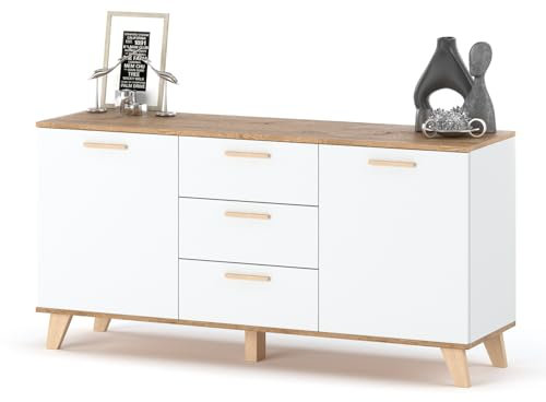 MartHome Moderne Commode 150 cm Alfa – Commode Blanche avec 3 Tiroirs, 2 Portes Et Plateau en Chêne – Commode À Tiroirs Compacte pour Chambre À Coucher, Salon, Chambre D'adolescent