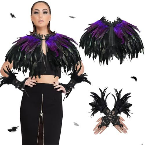 Ulikey Feder Cape, Gothic Feder Achselzucken Schalkragen Halloween Kostüm, Feder Achselzucken mit Schwarz Feder Spitze Fingerlose Handschuhe, Federumhang für Halloween Karneval Cosplay (Lila)