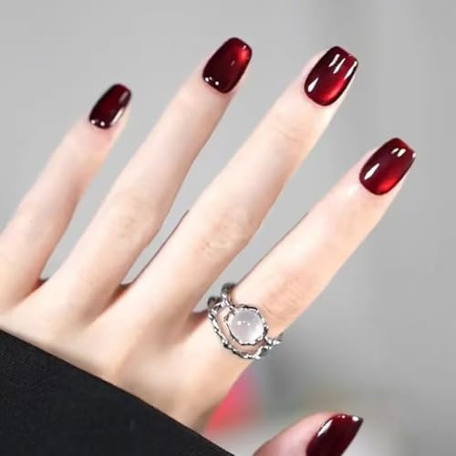 Short False Nails, Cat Eye Glitter Press on Nails, Nails Handmade Press-On Medium Long Coffin Ballerina with Flesh Color Cat Eye Design Charm Cute False Nail Tips 24 Pcs (MY088, 1)