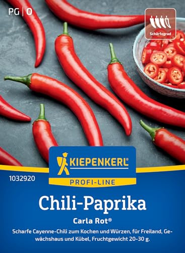 Kiepenkerl Chili-Paprikasamen Carla Rot® 1032920, Gemüsesaat | Scharfe Cayenne Chili, kochen und würzen, Wuchshöhe 80-100 cm, für Hochbeet, Freiland & Gewächshaus