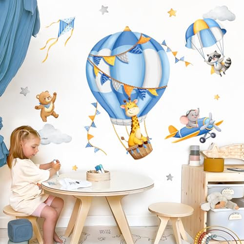 Tanlaby Blau Heißluftballon Wandaufkleber Cartoon Tiere Wandsticker Bär Elefant Giraffe Waschbär Wanddeko für Jungen und Mädchen Babyzimmer Wandbild Kinderzimmer Schlafzimmer Wohnzimmer
