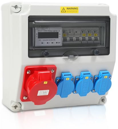 Herrselsam Wandverteiler Baustromverteiler CEE 1x32A 5P, 3x16A 230V Schuko Steckdosen, mit Leitungsschutzschalter und 3-Phasen Stromzähler, IP44 Wasserdicht, Vorverkabelt Stromverteiler