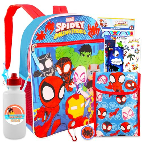 Spidey and Friends - Mochila con lonchera para niños, paquete con mochila Spidey de 16 pulgadas, bolsa de almuerzo Spidey and Friends, botella de agua, suministros escolares, más | Juego de mochila