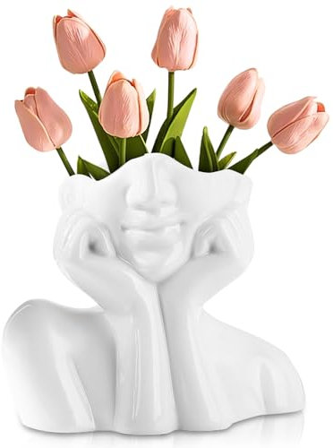 Keramik-Gesichtsvase, Vase mit Weiße Glänzendem Gesicht, Kopf Gesicht Vase, Moderne Kreativität Vasen Deko, Weiße Blumenvase, Weibliche Kopf Form Blumentopf Für Wohnzimmer, Schlafzimmer, Büro