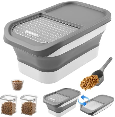 Conteneur à Croquettes pour Chien Chat,7 kg Boite Croquette Chien Pliable avec Tasse à Mesurer,Cuillère,2 Conteneurs,Rangement Croquette Chiens,Chiens Seau de Stockage pour Friandises Animaux (gris)