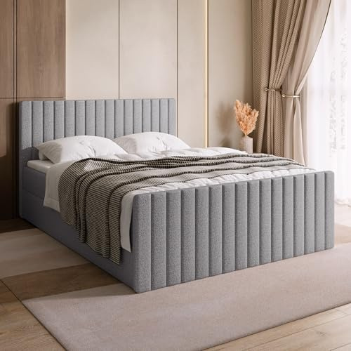 BROMARKT Boxspringbett 160x200 mit Bettkasten Topper Härte H3 Hellgrau | Doppelbett mit Bonellmatratze gepolsterte Kopfstütze Fußteil Polsterbett Bett Bed Jugendbett Einzelbett hinterteil DREAM DUO