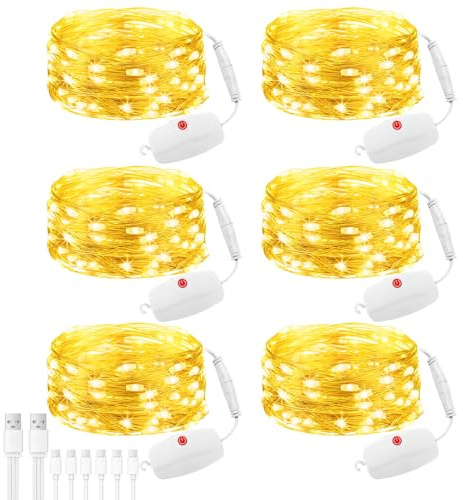SonPen 6 Stück Mini Lichterkette Wiederaufladbar mit Timer & 8 Modi, 2M 20 LED Kupferdraht Lichterkette Innen mit USB-C Kabel, Warmweiß Kleine Lichterketten für Weihnachten, Hochzeit, Party-Deko