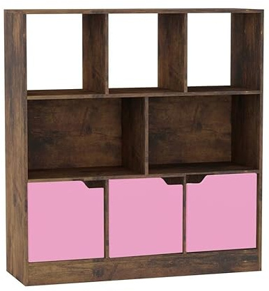URBNLIVING Rustic Brown 8 Cube Asymmetrical Bookcase – Freestanding Storage Unit with 3 Doors - Basic Doors - Pink