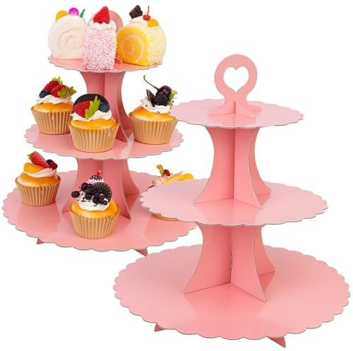 3-Tier Cupcake Stand 2 Pack Dessert Cup Cake Stand Tower Paper Round Cake Display Serving Plate for Anniversary Christening Disposable Pastry Holder for Birthday Wedding Party Decoration (Pink)