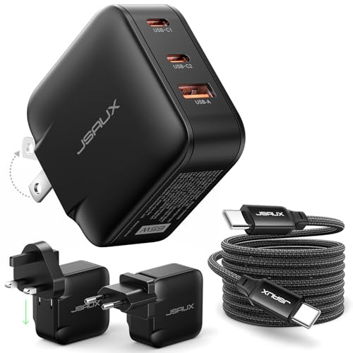 JSAUX 65W USB C Ladegerät, 3-Port PPS Schnellladegerät, inkl. 2m USB C Kabel & UK/EU Steckern, Kompaktes Netzteil für MacBook Pro/Air, iPad, iPhone 17/16/15/14, Galaxy S25/S24 Ultra, Pixel, Steam Deck