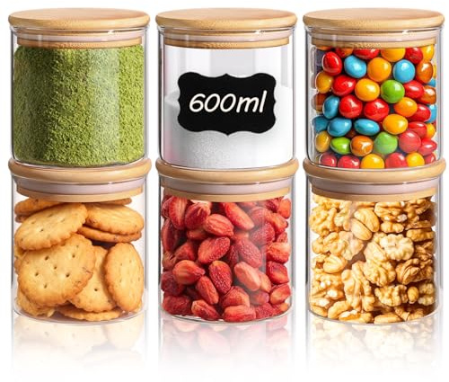 ComSaf Glasbehälter Vorratsgläser mit Deckel für Küche 600 ml, 6er Set | Vorratsdosen, Kaffee, Tee, Zucker, Nüsse, Backzutaten, Küchenregal und Vorratsschrank