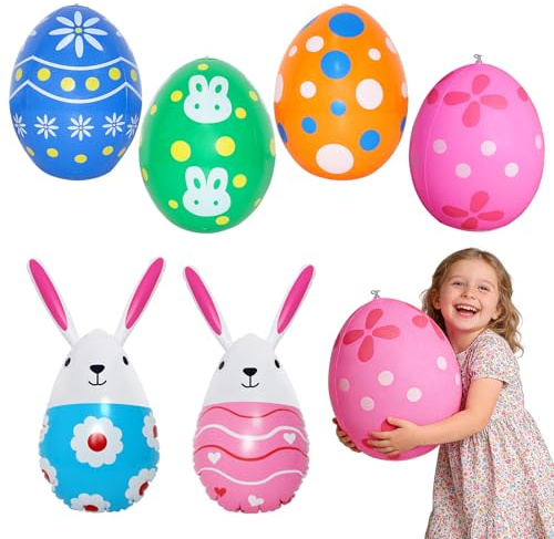 ZJKUBOIS Aufblasbare Ostereier 6er-Set für Draußen, Ostereier zum Aufhängen Draussen, Plastik Ostereier XXL inkl. 4 Eiformiger + 2 Aufblasbarer Osterhase, für Rasen, Garten & Außen Dekoration