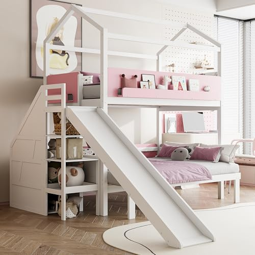 VilroCaz Playhouse Style Bunk Bed with Slide & Storage Staircase, Solid Wood Bunk Bed Frame Twin Over Twin/Full Size with Convertible Lower Bed for Kids Teens, Maximize Space (White&Pink)