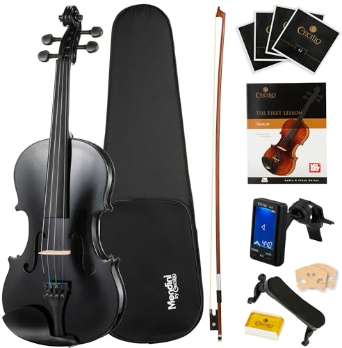 Mendini By Cecilio Violin 4/4 Full Size For Beginners - Fiddle Solidwood Kit with Hard Case - Acoustic Violins with Bow, Rosin, Tuner, Extra Strings & Bridge, Shoulder Rest and Lesson Book (Black)