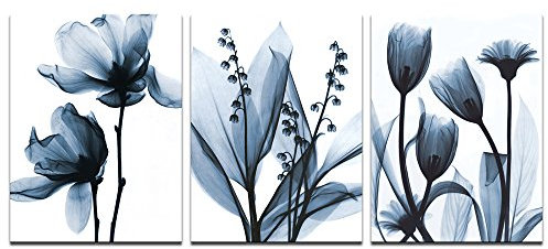 Sea Charm Blume Leinwand Wall Kunstdruck Blau Elegantes Transparentes Blumen Leinwand Art Malerei für Living Room Decor, Still Life Artwork gerahmt, jedes Stück 40,6 x 61 cm 12x16x3pcs Merhfarbig