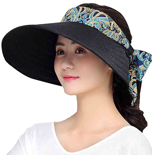 Women Big Brim Visor Cap Sun Hat UV Protection SPF50+ for Golf Beach Outdoor Head Wrap Tied Hat Black