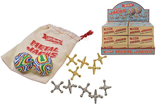 Superetro KandyToys Traditional Metal Jacks Game | Full Set + Travel Bag | Knucklebones Fivestones Classic Game