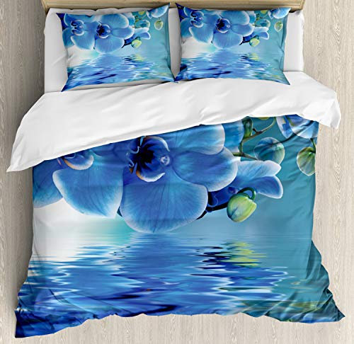 ABAKUHAUS Fiore Set Copripiumino, Orchidee Naturale, 3 Pezzi con 2 federe, 220 x 220 cm – 75 x 50 cm, Blu