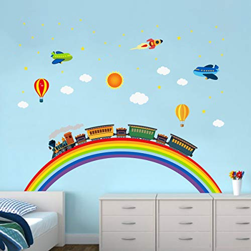 ufengke Wandtattoo Regenbogen Zug Wandaufkleber Wandsticker Rakete Flugzeug für Kinderzimmer Jungen Schlafzimmer Wohnzimmer