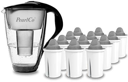 GLAS-Wasserfilter PearlCo (schwarz) mit 12 Protect+ classic Filterkartuschen (f. hartes Wasser) - Made in EU