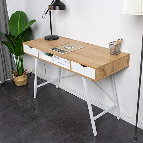 sogesfurniture Bureau d'ordinateur Table de Bureau Informatique en Bois et Acier Design Scandinave Table d'ordinateur Portable Travail PC avec Rangement 2 Tiroirs 1 Compartiment 120 x 48 x 76 cm